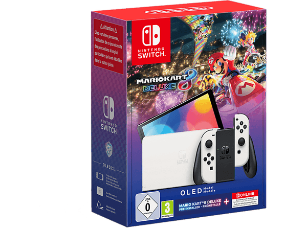 Consola - Nintendo Switch OLED, 7", Joy-Con, 64 GB, Blanco + Juego Mario Kart 8 Deluxe (preinstalado) + 12 meses NSO + Minecraft