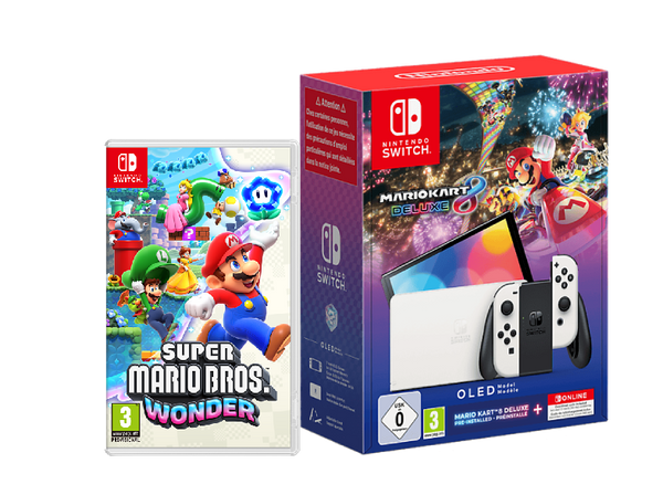 Consola - Nintendo Switch OLED, 7", Joy-Con, 64 GB, Blanco + Juego Mario Kart 8 Deluxe (preinstalado) + 12 meses NSO + Super Mario Bros. Wonder