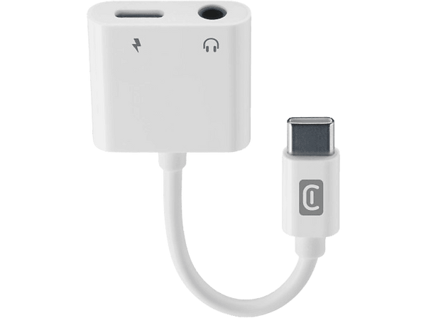 Adaptador USB-C - CellularLine Sound Charge, Conexión simultánea, Puerto de 3.5 mm, Cable 10 cm, Blanco