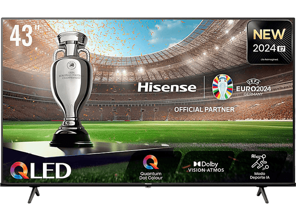 TV QLED 43" - Hisense 43E7NQ, UHD 4K, HDR10+, Modo Juego, Dobly MS12, Quad Core/MT9603, AI, Air Play, Negro
