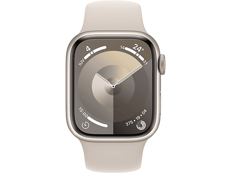 Apple Watch Series 9 (2023), GPS, 41 mm, Gesto de doble toque, Caja de aluminio blanco estrella, Correa deportiva blanco estrella, Talla M/L