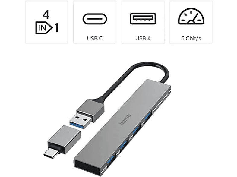 Hub USB/Concentrador - Hama 00200141, 4 puertos, USB 3.2 Gen1, 5 Gbit/s, Adaptador USB-C, Gris
