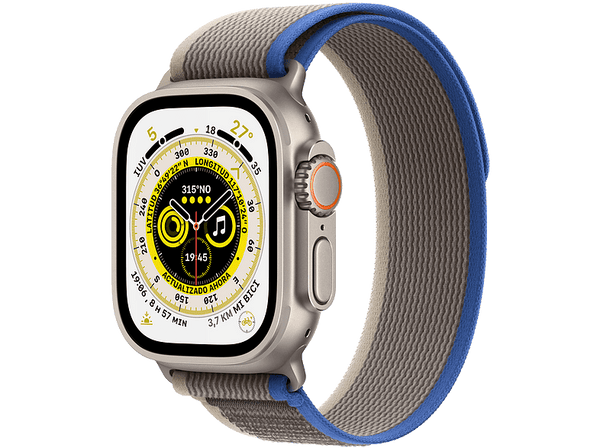 Apple Watch Ultra (2022), GPS + Cellular, 49 mm, Caja de titanio, Cristal de zafiro, Correa Loop Trail en Talla S/M de color Azul/Gris