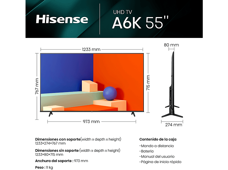 TV DLED 55 - Hisense 55A6K, UHD 4K, Quad Core/MT9602, Smart TV, Dolby Vision, Control por Voz, Negro
