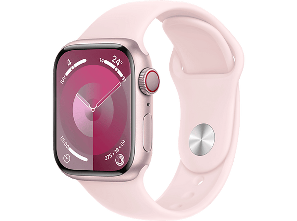 Apple Watch Series 9 (2023), GPS+CELL, 41 mm, Gesto de doble toque, Caja de aluminio rosa, Correa deportiva rosa, Talla S/M