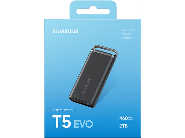 Disco duro SSD externo 2 TB - Samsung, T5 EVO, USB 3.2 Gen 1, SSD, 460 MB/s, Negro