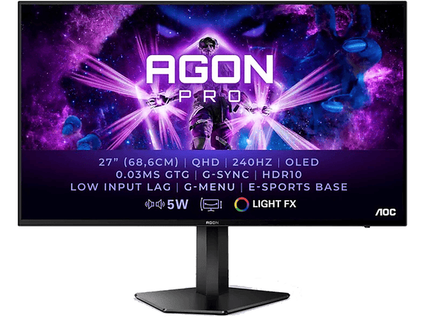 Monitor gaming - AOC AG276QZD, 26.5 ", QHD, 0.03 ms, 240 Hz, OLED, G-Sync Compatible, HDR 10,  Negro