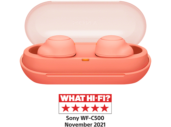 Auriculares True Wireless - Sony WFC500D, Carga rápida, Batería 20h, Google Assistant, Siri, Con funda, Bluetooth, IPX4, Cascos inalámbricos, Naranja