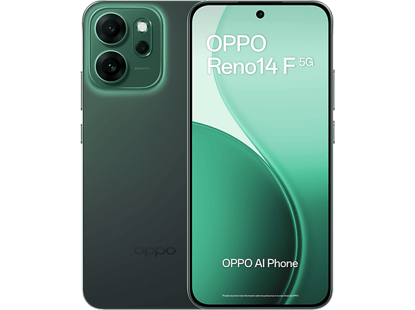 Móvil - OPPO Reno14F, Luminous Green, 256GB, 8GB RAM, 6.57" 2.5D AMOLED, Snapdragon® 6 Gen 1 (4nm), 6000mAh