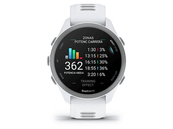 Reloj deportivo - Garmin Forerunner 170, Blanco, 20 mm, Pantalla Táctil AMOLED de 1.2", Hasta 10 días de Autonomía, 5 ATM