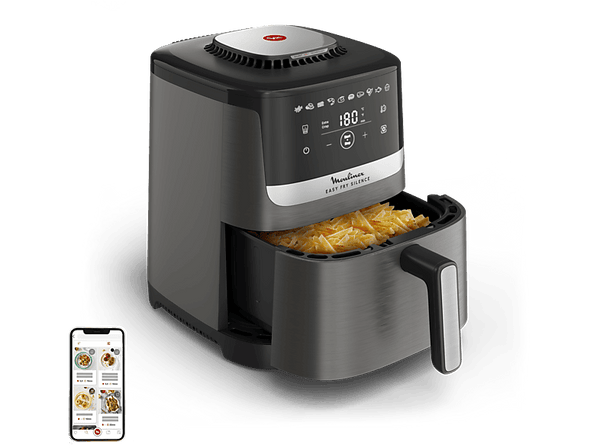 Freidora de aire - moulinex Easy Fry Silence EZ551H, 1680W, 5L, Tecnología silenciosa, 10 programas, Pantalla táctil, Extra Crisp, Gris