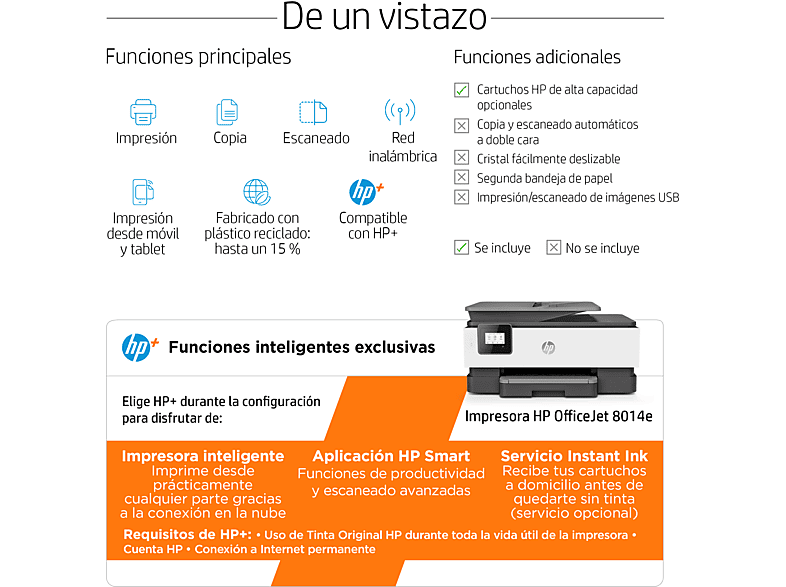 Impresora Multifunción HP OfficeJet 8014e, WiFi, color, 9 meses Instant Ink con HP+, doble cara, HP Smart App