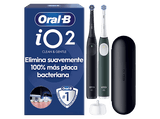 Cepillo eléctrico - Oral-B iO 2, Pack dúo, 2 recambios, 3 modos, Temporizador, Sensor de presión, Estuche de viaje, Negro y Verde Bosque