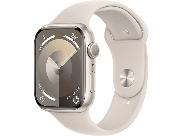 Apple Watch Series 9 (2023), GPS, 45 mm, Gesto de doble toque, Caja de aluminio blanco estrella, Correa deportiva blanco estrella, Talla S/M
