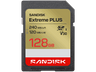 Tarjeta SD - SANDISK Extreme Plus, 128 GB, Vídeo 4k UHD, Hasta 240 MB/s lectura, U3, V30, C10, UHS-I, Oro