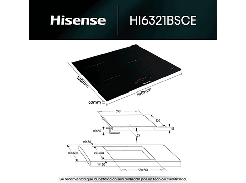 Placa inducción - Hisense HI6321BSCE, Zona XL 32cm, Calentamiento rápido, Zonas conectables, 59 cm, Negro