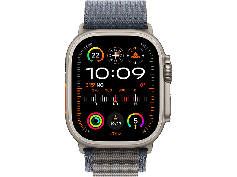 Apple Watch Ultra 2 (2023), GPS + Cellular, 49 mm, Caja de titanio, Gesto doble toque, Correa Alpine Loop en Talla M de color Azul
