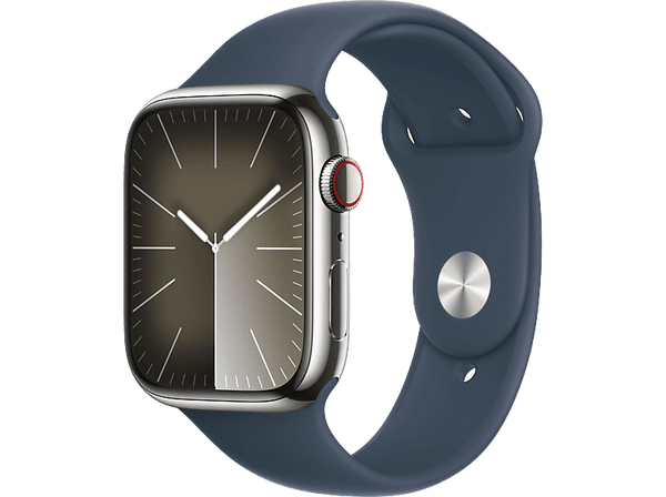 Apple Watch Series 9 (2023), GPS+CELL, 45 mm, Gesto de doble toque, Caja de acero inoxidable plata, Correa deportiva azul tempestad, Talla M/L