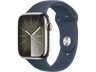 Apple Watch Series 9 (2023), GPS+CELL, 45 mm, Gesto de doble toque, Caja de acero inoxidable plata, Correa deportiva azul tempestad, Talla M/L