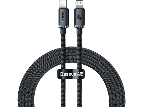 Cable USB-C a Lightning - Baseus Crystal Shine, Para Apple, 2m, Lightning y USB-C, 20W, 480 Mbps, Negro