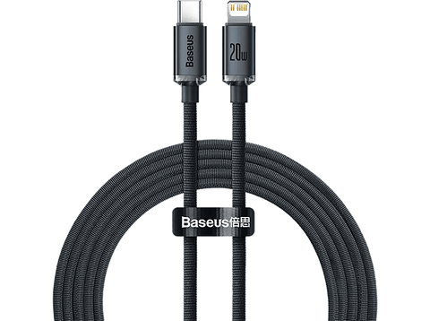 Cable USB-C a Lightning - Baseus Crystal Shine, Para Apple, 2m, Lightning y USB-C, 20W, 480 Mbps, Negro