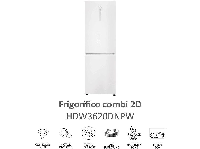 Frigorífico combi - Haier 2D HDW3620DNPW, No Frost, 200 cm, 377 l, Motor Inverter, Wi-fi, Blanco