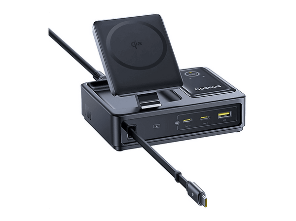 Docking station - Baseus NOMOS 5 en 1, Con carga inalámbrica Qi2, 140W, Cable retráctil y pantalla digital, 5 dispositivos a la vez, Universal, Black