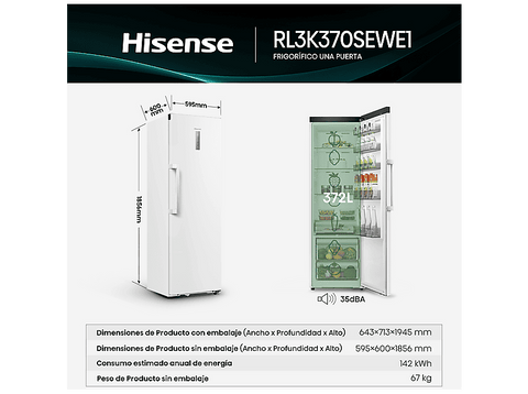 Frigorífico una puerta - Hisense RL3K370SEWE1, Total No Frost, 185.6 cm, 372 l, Kitchen Fit, Ventilación Inferior, Blanco