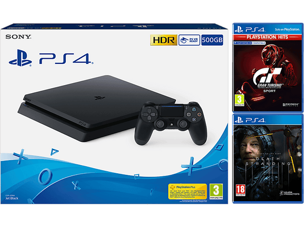 Consola - Sony PS4, 500 GB, Negro + Gran Turismo Sport + Death Stranding