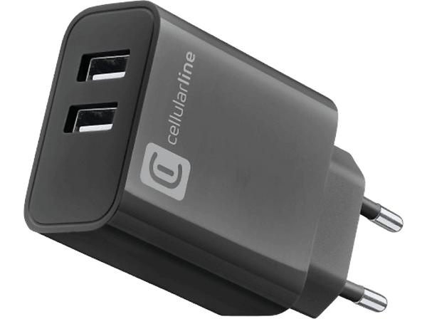 Cargador - CellularLine ACHUSB2USBA24WK, 24 W, Super Fast Charging, Sin Cable, Negro