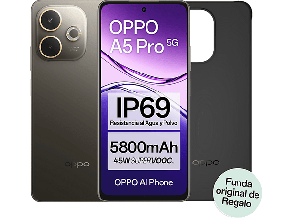 Móvil - OPPO A5 Pro, 5G, Brown Black, 256 GB, 8 GB RAM, 6.67" LCD, Mediatek Dimensity 6300, 5800 mAh