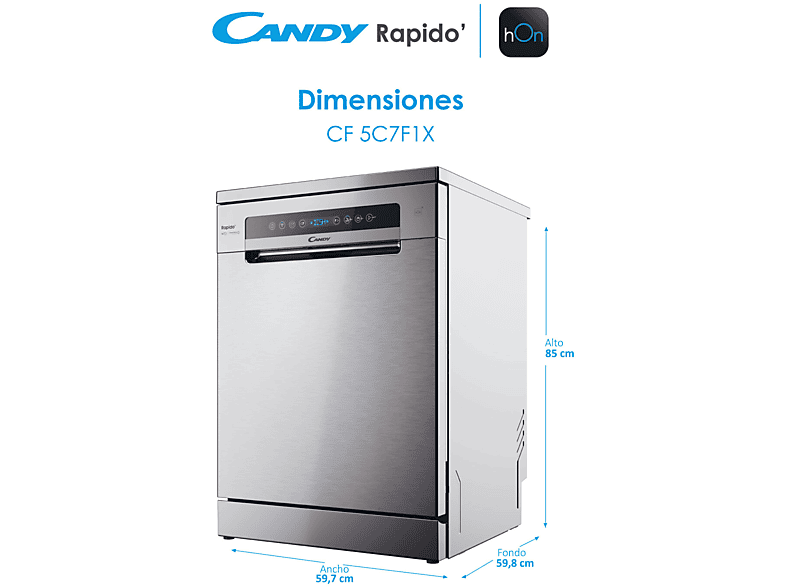 Lavavajillas - Candy Rapido' CF 5C7F1X, 15 servicios, 8 programas, Inicio Diferido, Motor Inverter, 60 cm, Conectividad Wi-Fi, Inox