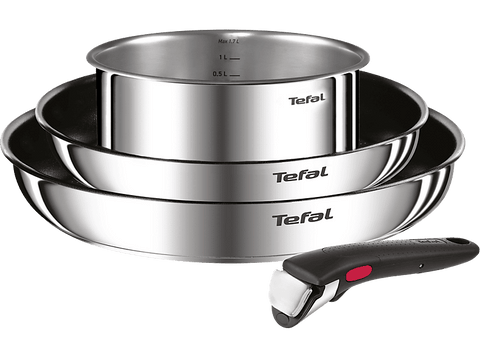 Set de sartenes - Tefal L881S4 Ingenio, 4 piezas, Mango extraíble, Revestimiento titanio antiadherente, Indicador de calor, Acero Inox