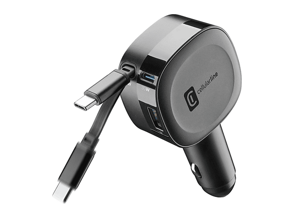 Cargador coche - Cellularline ROLL, Retráctil, 30 W, Tipo C, Universal, Negro