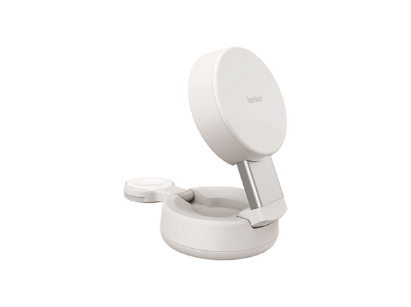 Cargador móvil inalámbrico - Belkin WIZ043, Compatible con Qi2 o MagSafe, 25W, En vertical o apaisado, 2 en 1, Blanco
