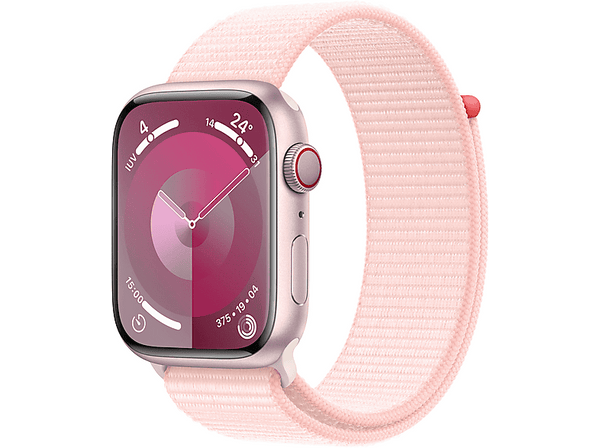 Apple Watch Series 9 (2023), GPS+CELL, 45 mm, Gesto de doble toque, Caja de aluminio rosa, Correa Sport Loop rosa