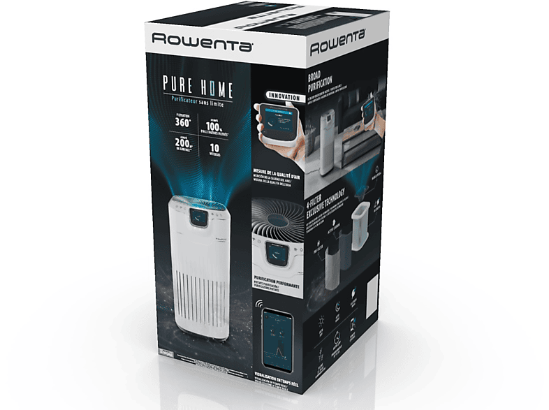 Purificador de aire - Rowenta PU8080F0, 60 W, Sistema de purificación 360°, Hasta 200 m2, 4 niveles de filtrado, 515 m3/h, Blanco y azul