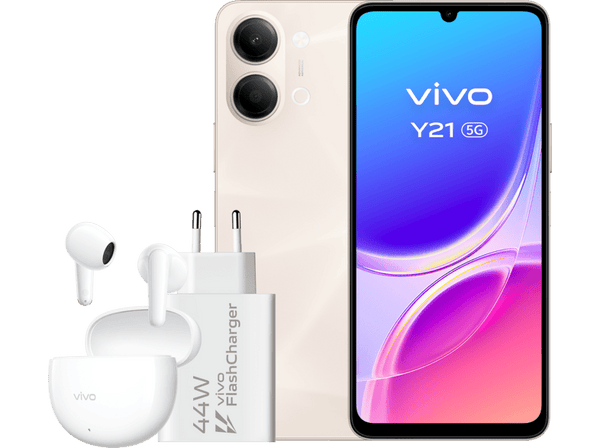 vivo Y21, Oro, 128 GB, 4 GB RAM, 6.74" HD+, MediaTek Dimensity 6300, 6.500 mAh + Cargador vivo 44W FlashCharger + Auriculares vivo Buds Air3