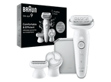 Depiladora - Braun Silk-épil  9-061, Depiladora de arranque, rasuradora y exfoliante, 3 cabezales y 1 peine extra, Piel suave duradera, Blanco y Plata