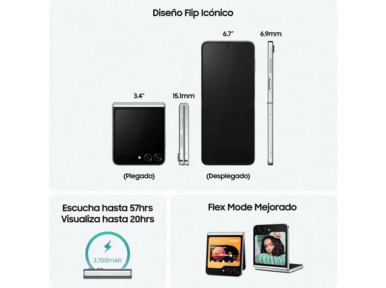 Móvil - Samsung Galaxy Z Flip5 5G, Menta, 256GB, 8GB RAM, 6,7 FHD+, Plegable, Qualcomm Snapdragon, 3700 mAh, Android 13