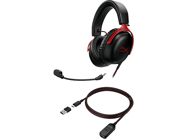 Auriculares gaming - HyperX Cloud III, Con cable, Audio espacial DTS®, Compatible PS5, XBOX Series X|S, Switch, Mac y móviles, Rojo