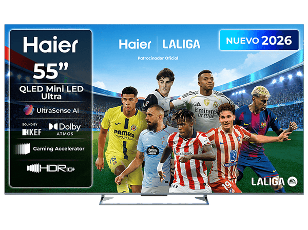 TV QLED Mini-LED 55'' - Haier M90 Series H55M90GUX, QLED 4K HDR10+, Google TV, Dolby Atmos, Sonido KEF, Gaming 144Hz, Negro