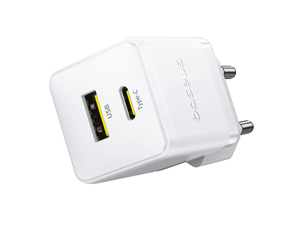 Cargador de pared - Baseus PALM, 30W, USB y Tipo C, Carga rápida, Tamaño extrapequeño, Carga simultánea, Control inteligente de temperatura, Blanco
