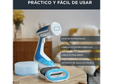 Plancha de vapor vertical - Rowenta Pure Tex DR9530D1, 1700 W, 0.2 l, 90 g/min, Suela cerámica, Azul y Blanco