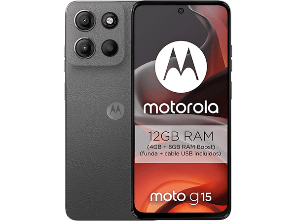 Móvil - Motorola Moto g15, Gris, 128 GB, 8 GB RAM, 6.72" LCD, MediaTek Helio G81, Full HD+, Cuero Vegano, 5200 mAh