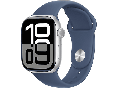 Apple Watch Series 10 (2024), GPS, 42 mm, Gesto de doble toque, Caja de aluminio plata, Correa deportiva Azul denim, Talla M/L