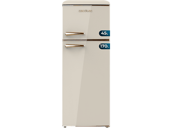 Frigorífico dos puertas - Cecotec Bolero CoolMarket 2D Origin 215 Beige E, 148.50 cm, 215 l, LED interior, Tirador dorado, Beige