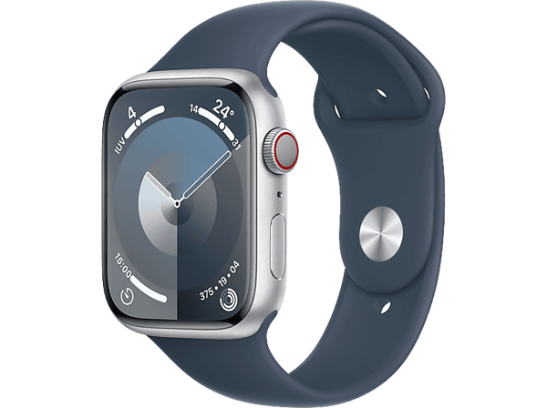 Apple Watch Series 9 (2023), GPS+CELL, 45 mm, Gesto de doble toque, Caja de aluminio plata, Correa deportiva azul tempestad, Talla M/L