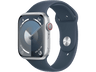 Apple Watch Series 9 (2023), GPS+CELL, 45 mm, Gesto de doble toque, Caja de aluminio plata, Correa deportiva azul tempestad, Talla M/L
