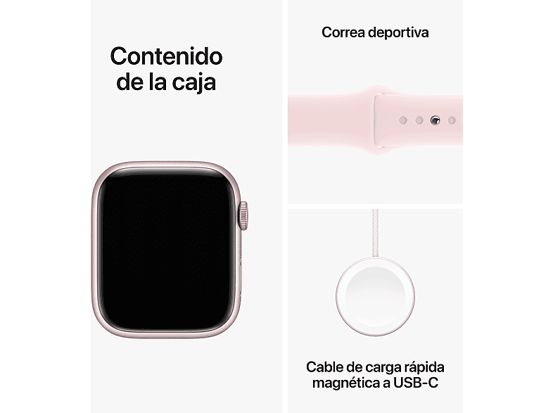 Apple Watch Series 9 (2023), GPS+CELL, 45 mm, Gesto de doble toque, Caja de aluminio rosa, Correa deportiva rosa, Talla M/L